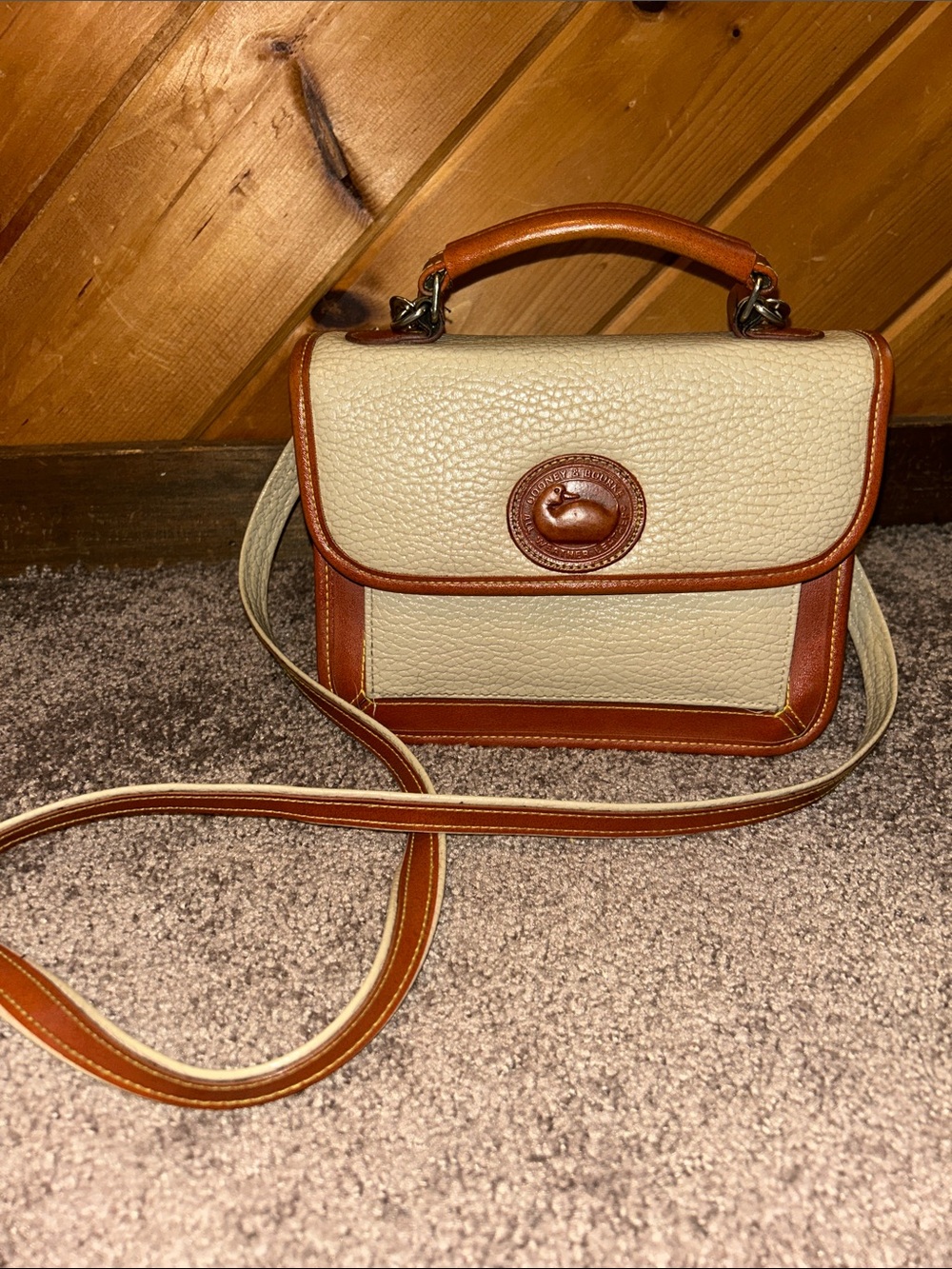 Vintage Dooney & Bourke cream and tan pebbled leather crossbody handbag